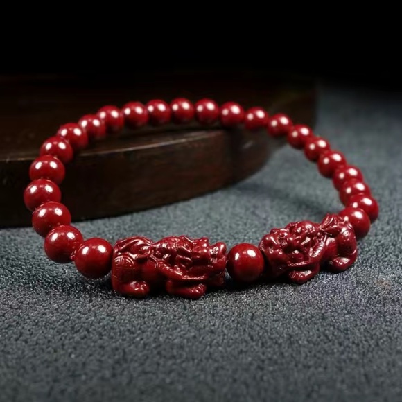 Earth Art hand crafted artisan Jewelry - Double Pixiu cinnabar bracelet